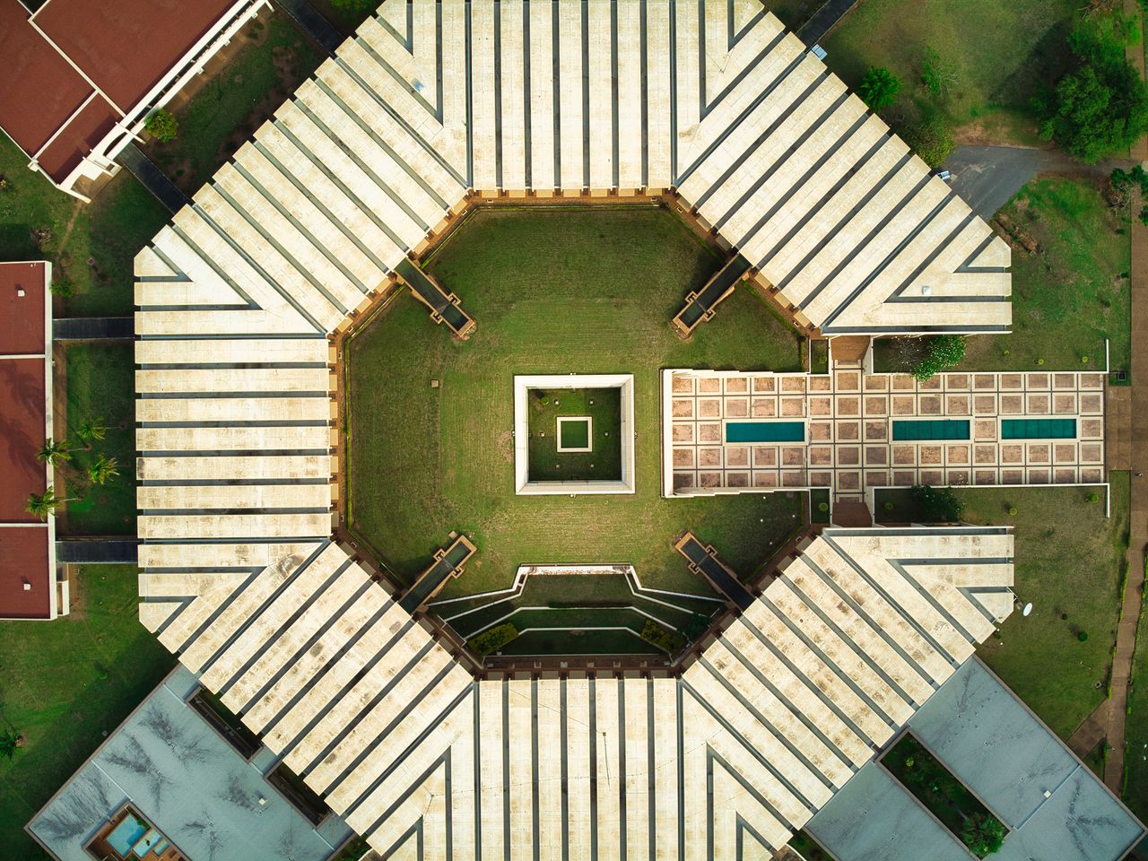 Aerial shot of a unique hexagonal architectural design in Yamoussoukro, Côte d'Ivoire.